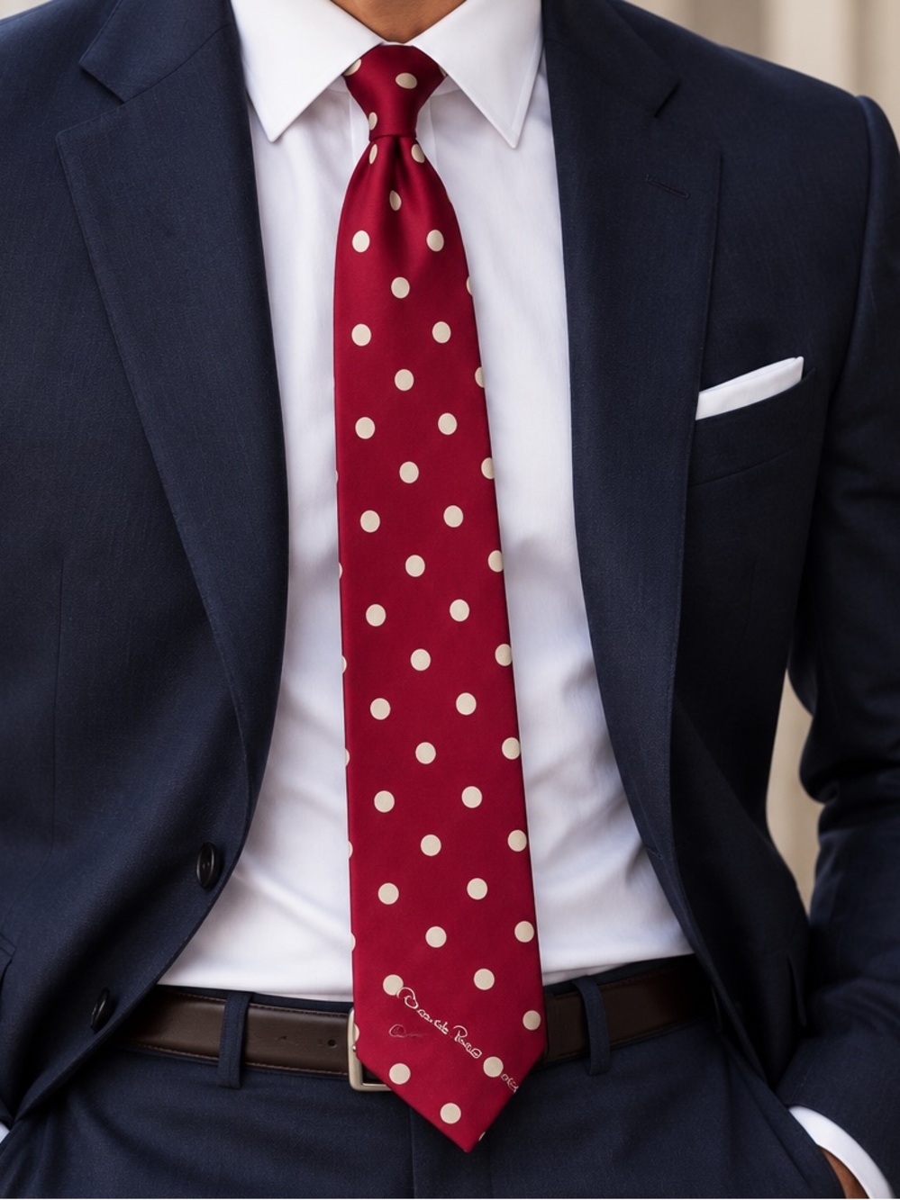 Oscar de la Renta Men’s Tie Burgundy Red Cream Polka Dot Designer Necktie